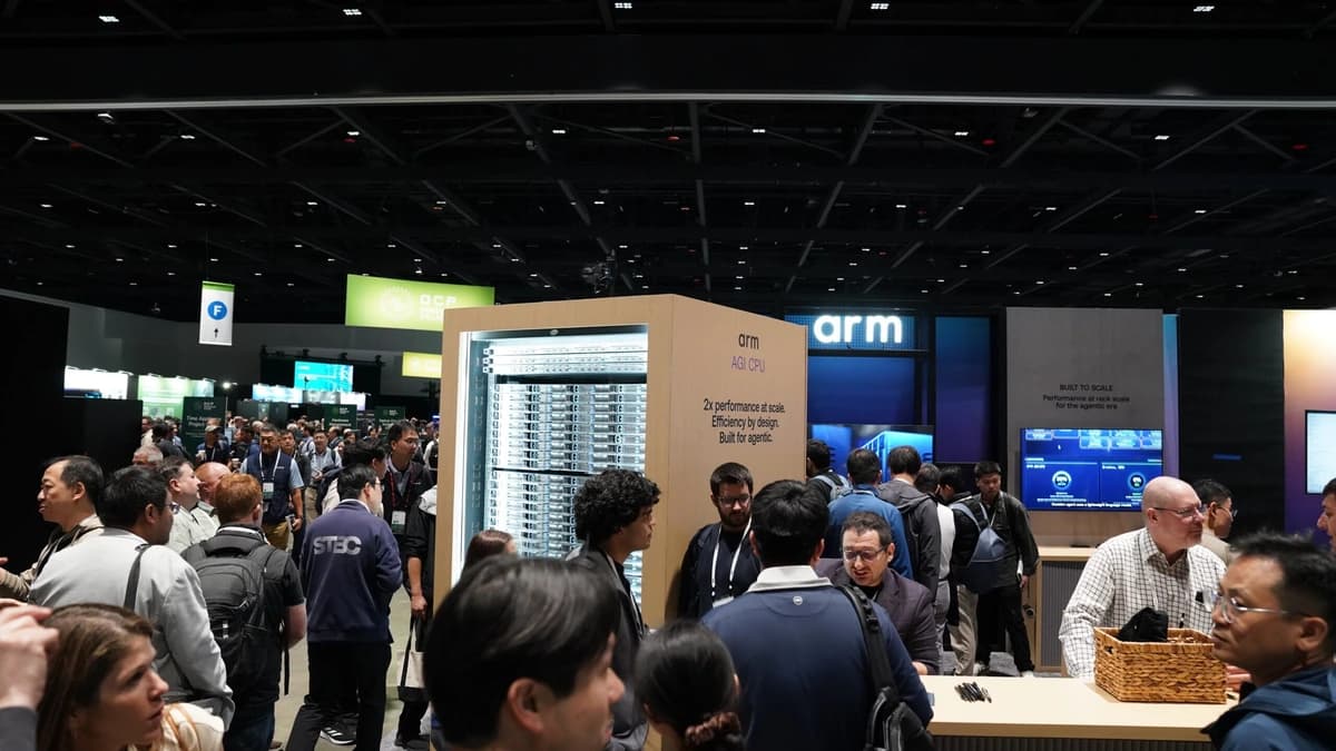 Visitors crowd the Arm booth at the OCP Global Summit 2026 in San Jose around a display rack