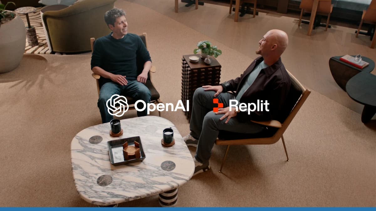 Sam Altman and Amjad Masad seated in Replit's official GPT-5.6 Luna-powered Free Mode launch image