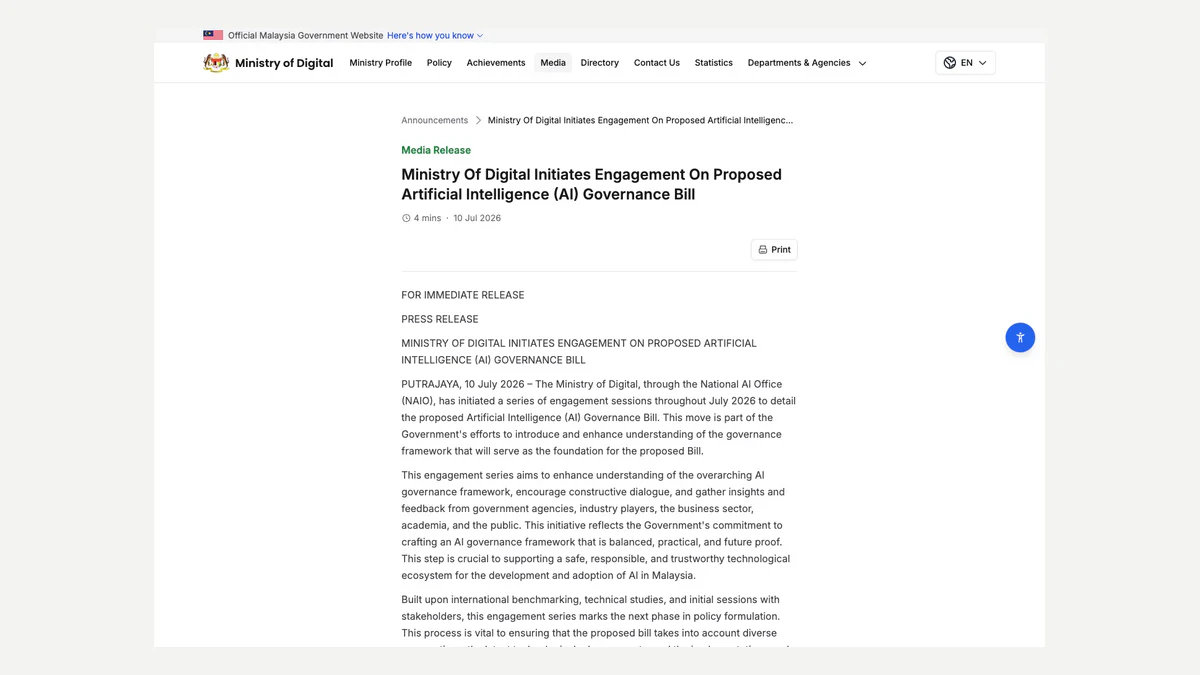 Official Ministry of Digital announcement page for Malaysia's proposed AI Governance Bill engagement