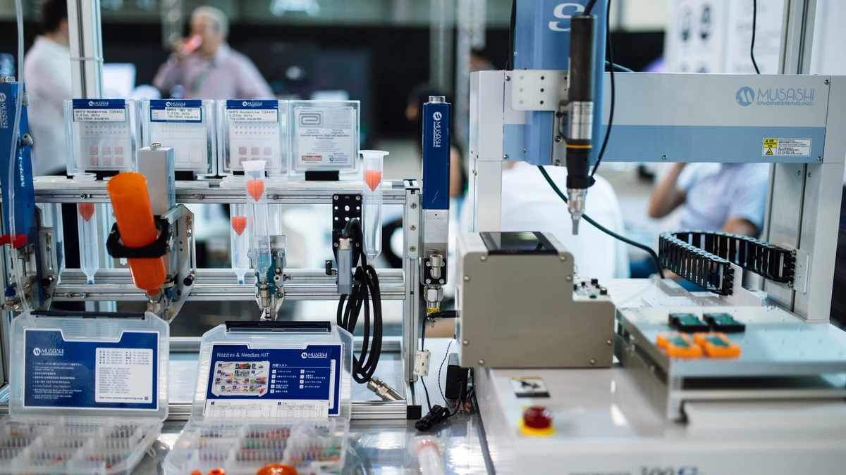 Benchtop dispensing equipment with nozzle kits and sample tubes in the foreground at a technology exhibition, with visitors blurred behind