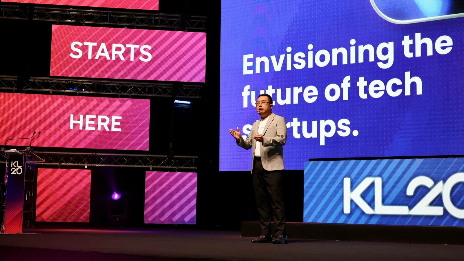 A speaker explains the future of technology startups during the MYStartup Single Window launch at KL20